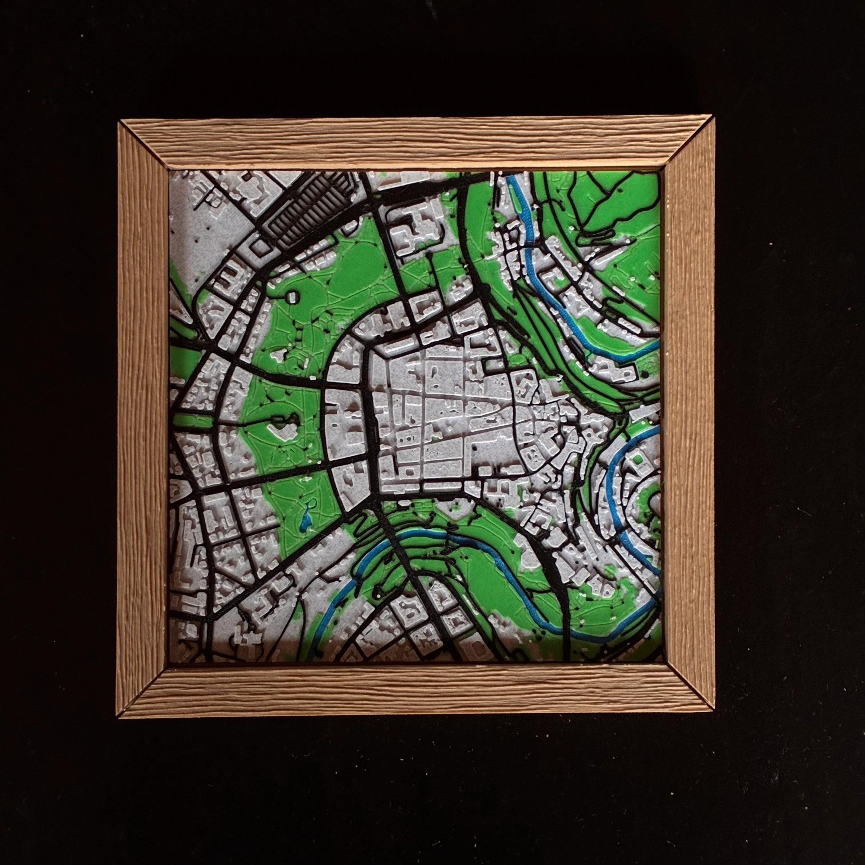 3D printed multicolour map of Luxembourg City in a wooden frame