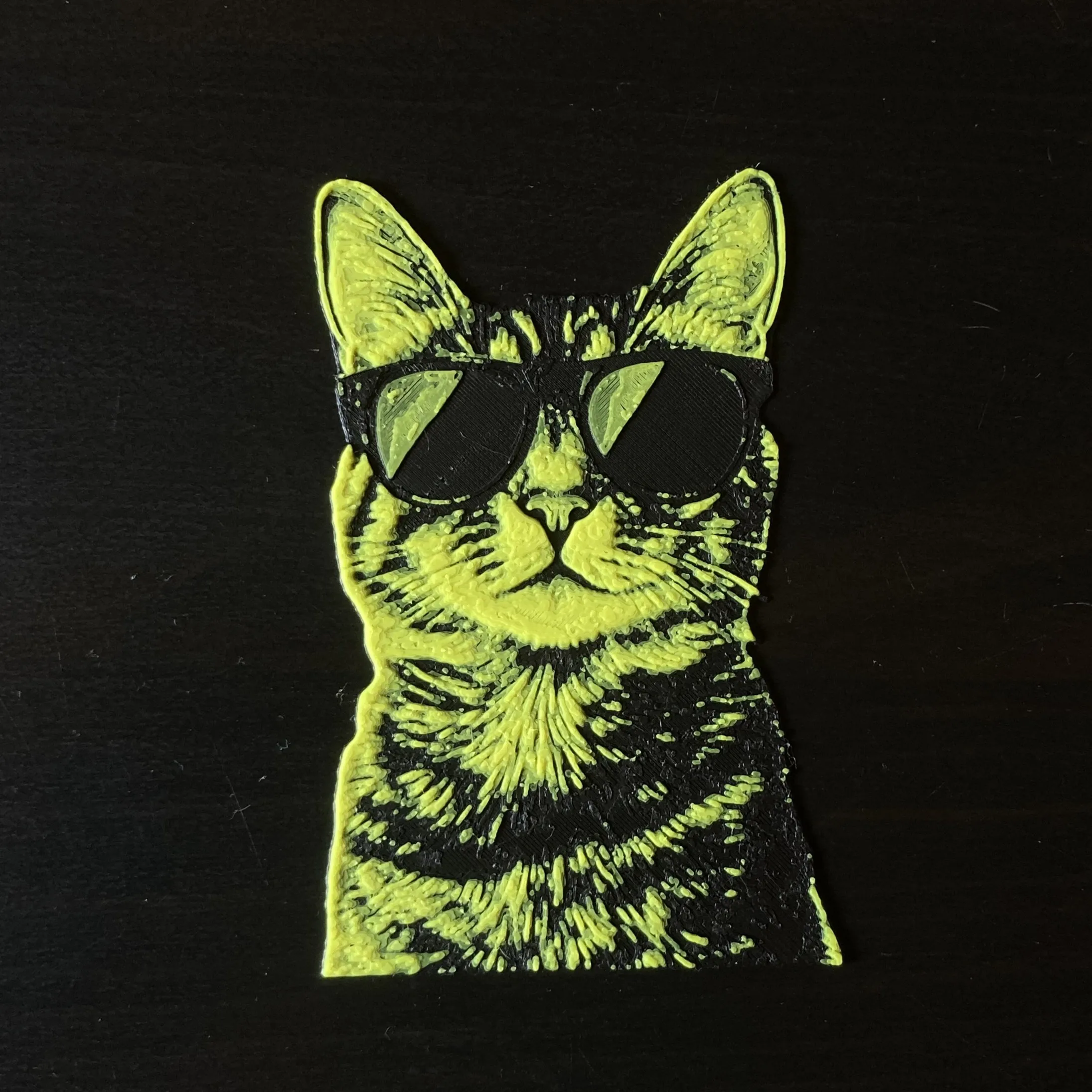 3D printed bookmark of a cat wearing sunglasses, in green and black