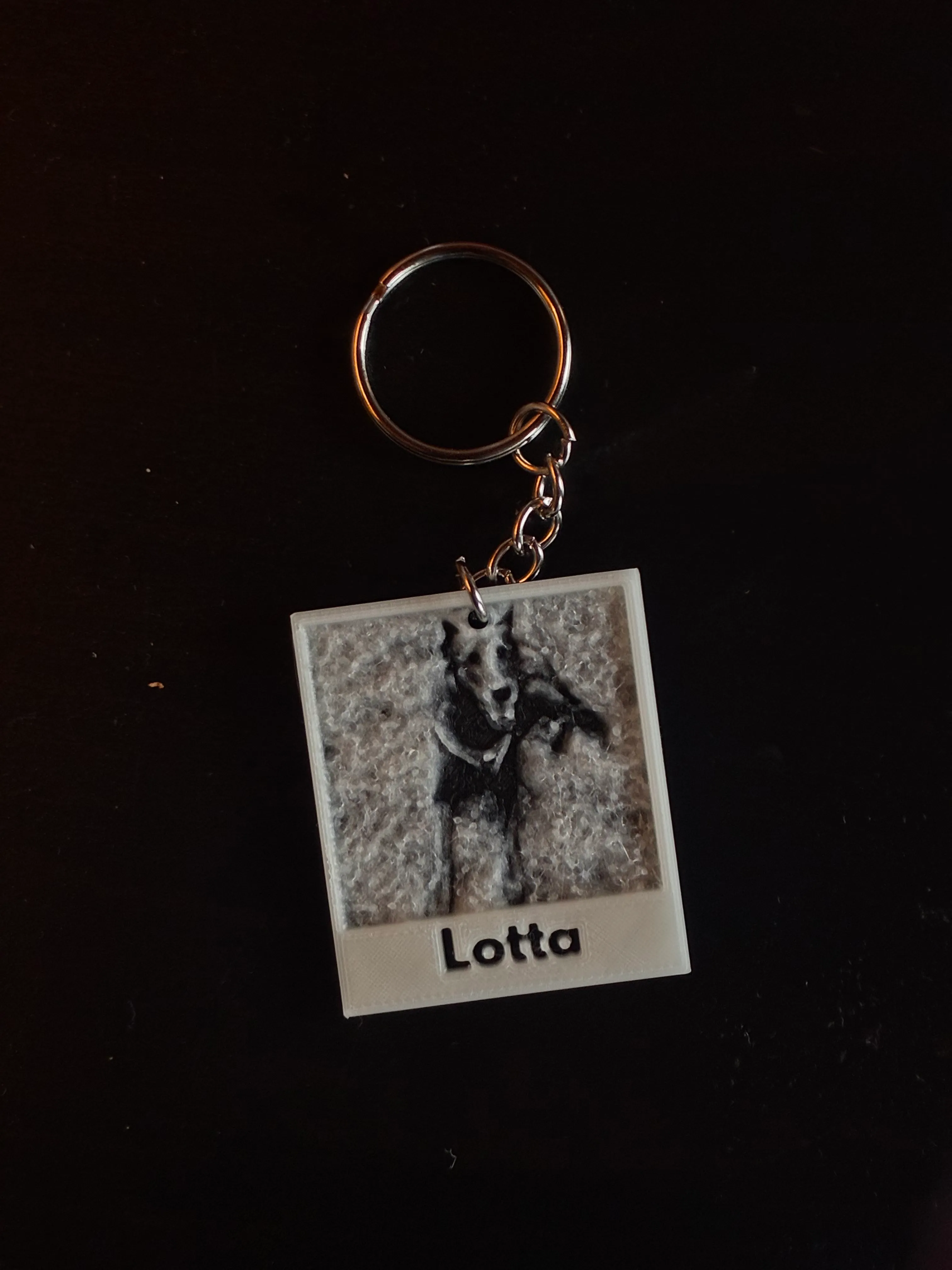 Polaroid-style 3D printed photo keychain showing a black-and-white photo of a dog